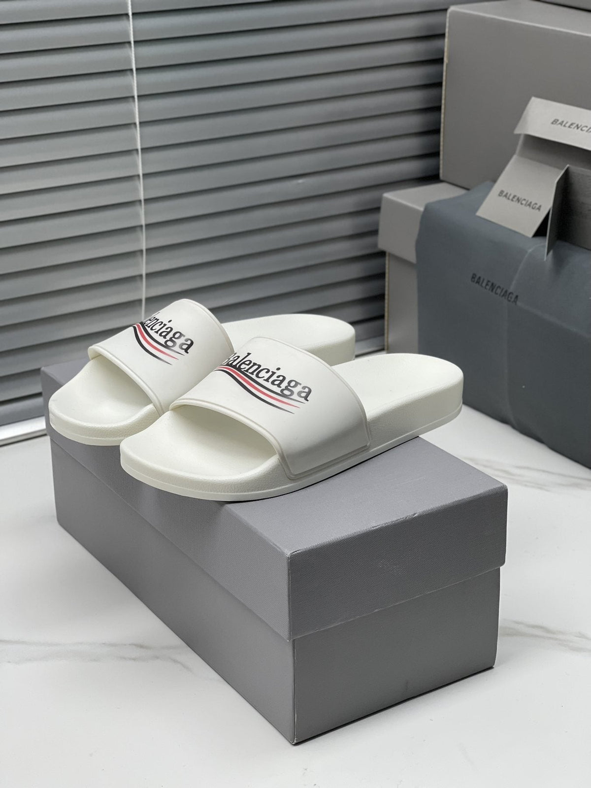 Balenciaga Logo Stripe Slide Sandals — front