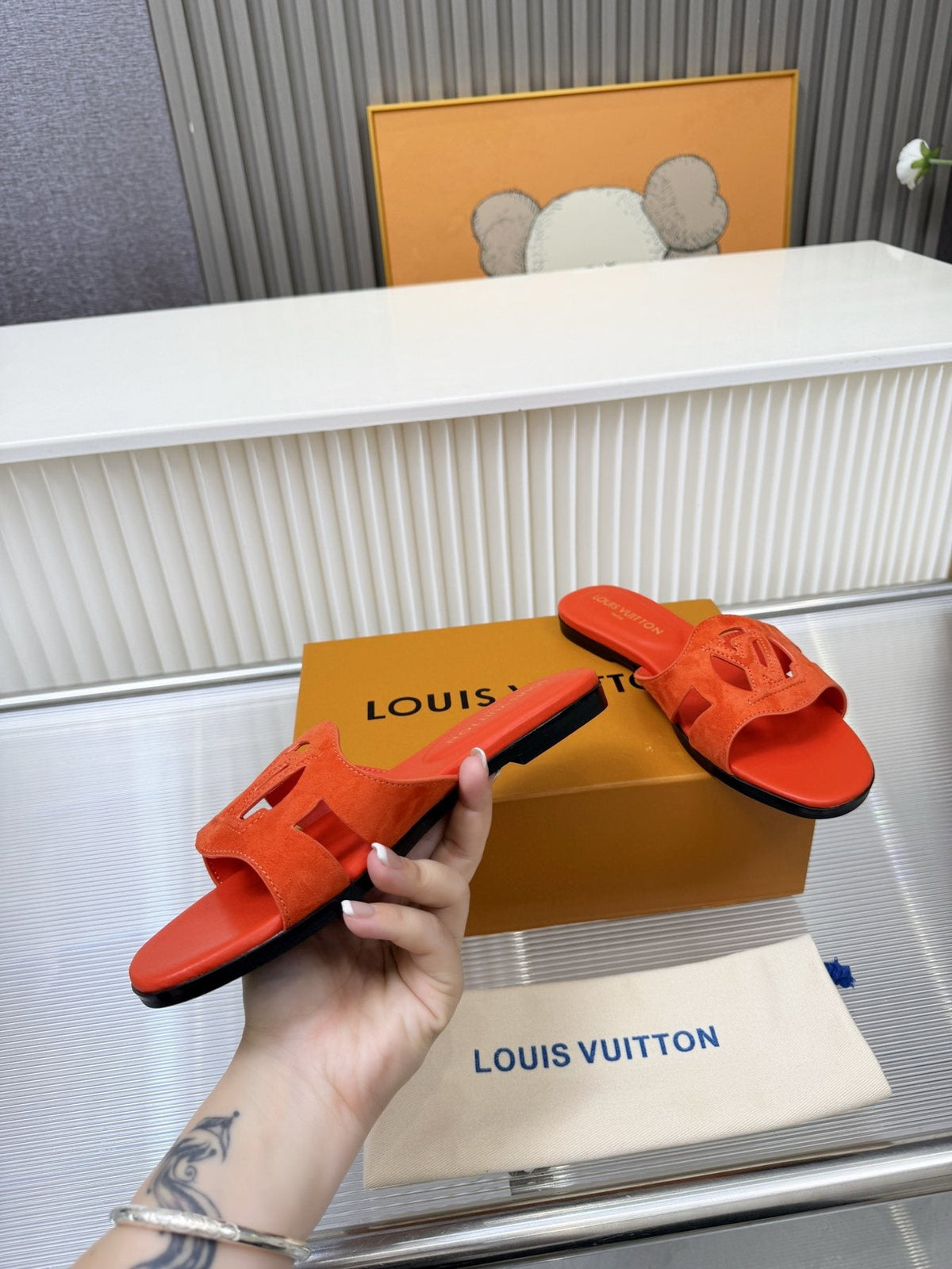 Louis Vuitton Cutout Logo Slide Sandals — front