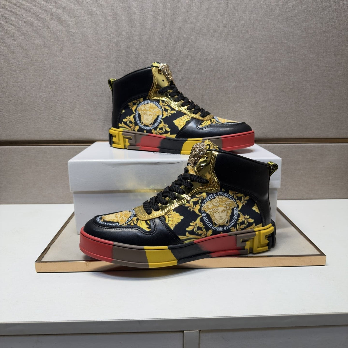 Versace White Gold High-Top Sneakers — side