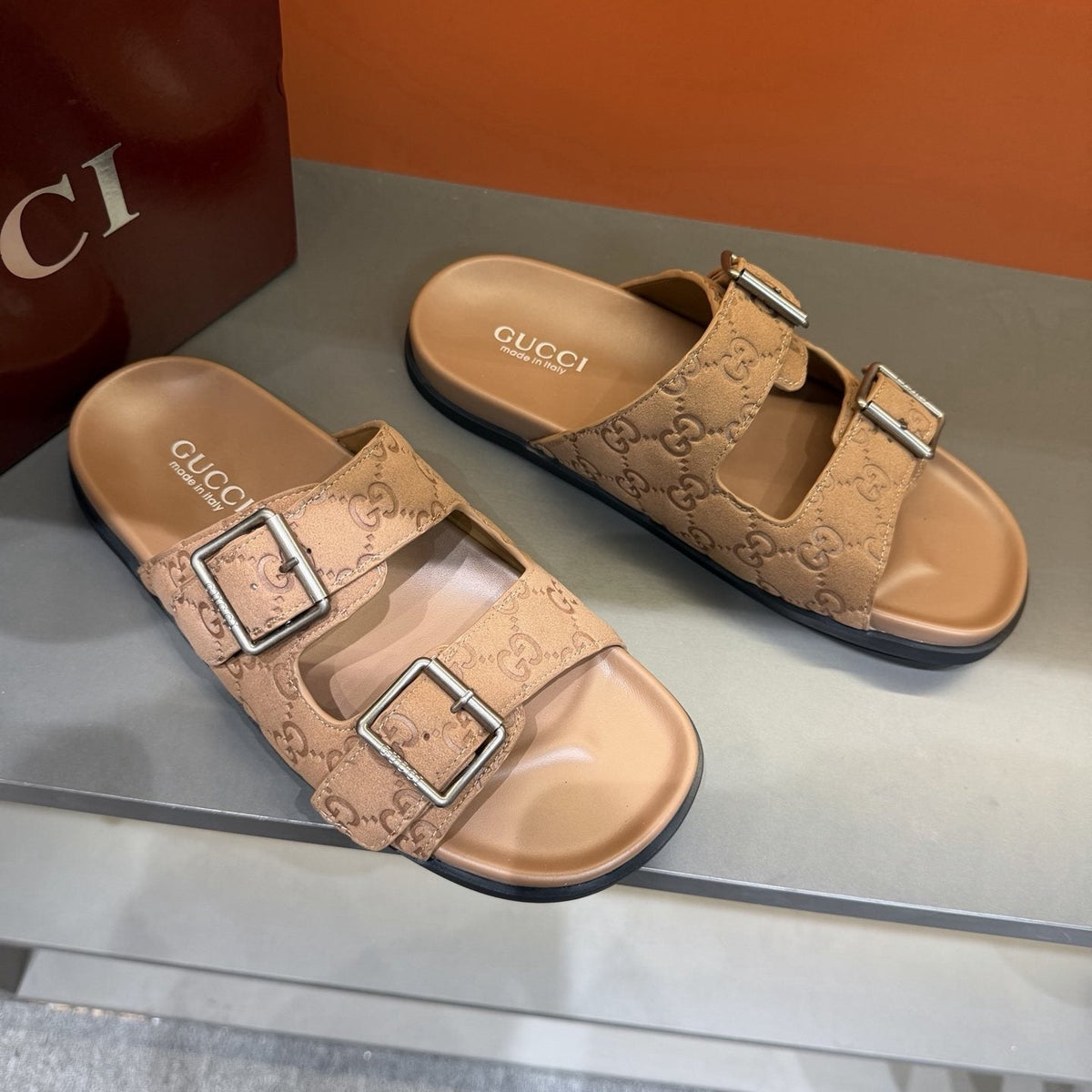 Gucci Two-Buckle Monogram Slide Sandals — front