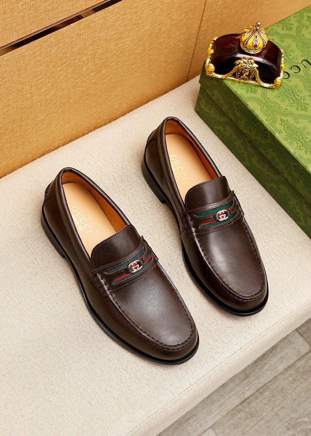 Gucci Web Stripe Leather Loafers — front