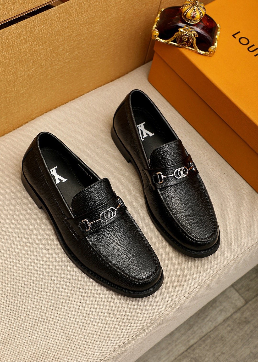 Louis Vuitton Black Leather Buckle Loafers — front