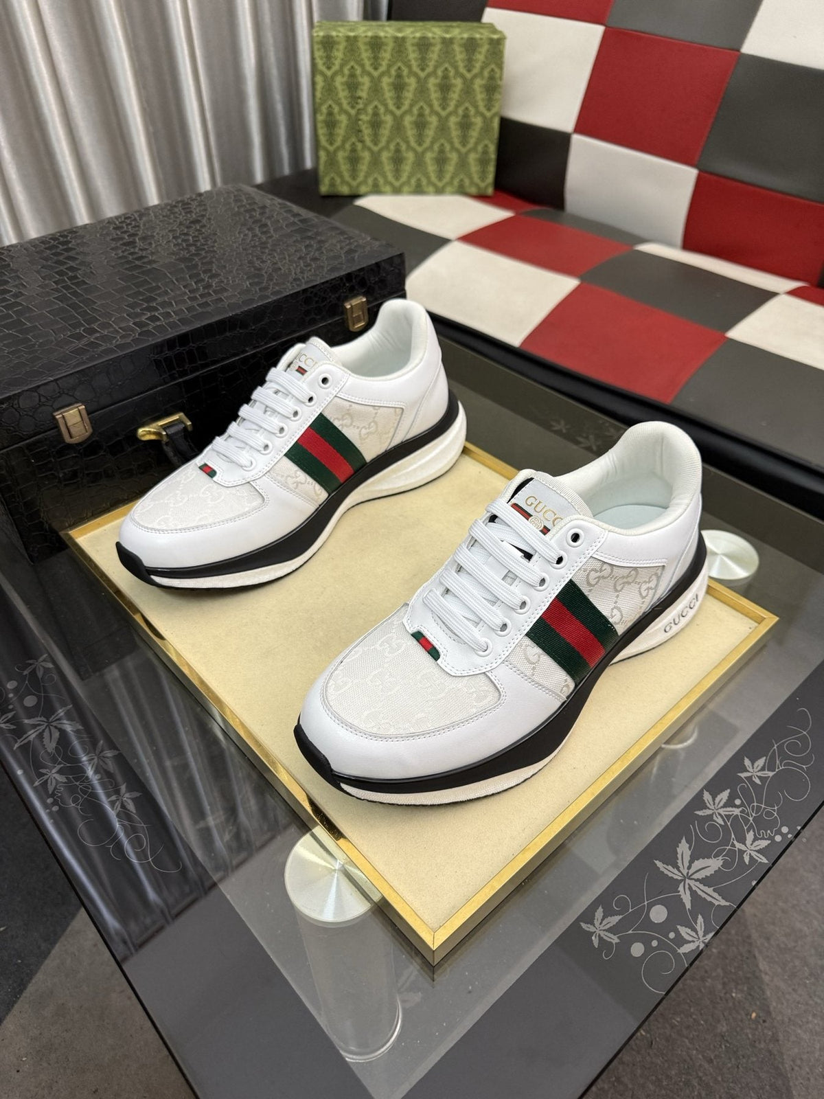 Gucci Men's Monogram Stripe Low-Top Sneakers — front