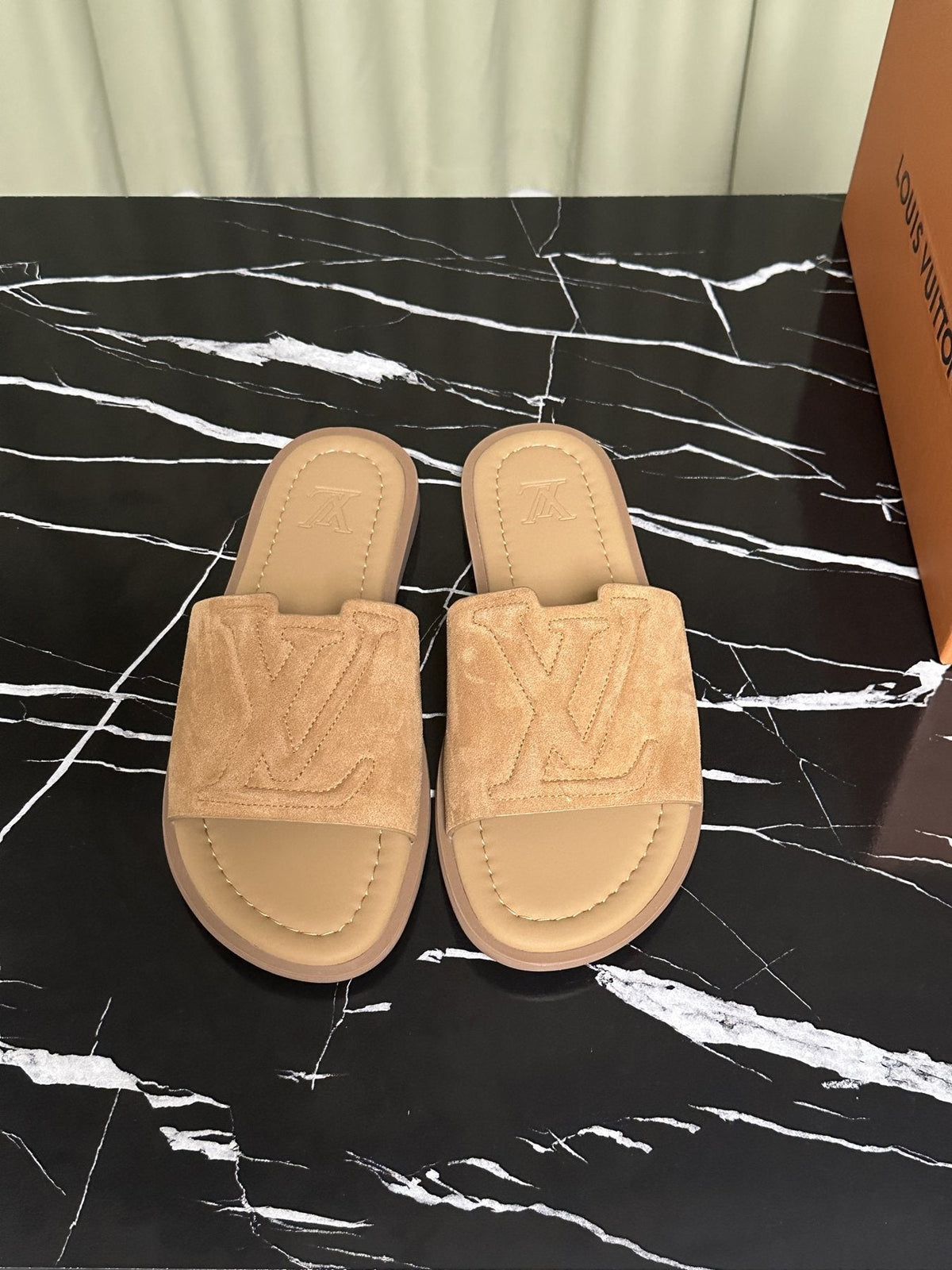 Louis Vuitton Embossed Strap Slide Sandals — front
