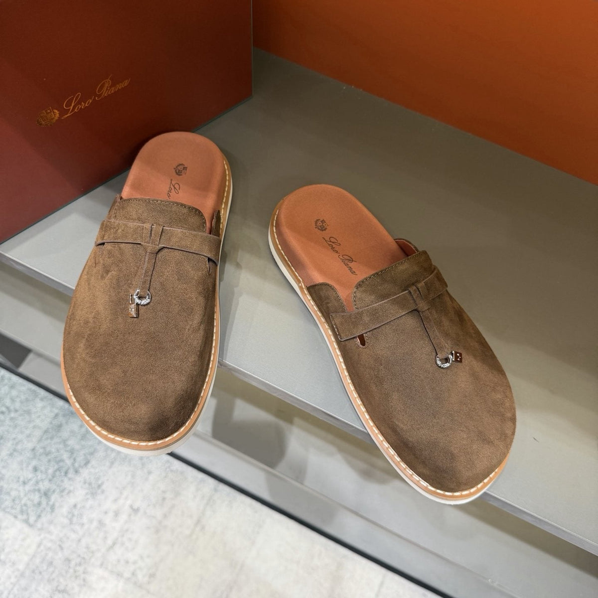 Backless Loafer Mules with Metal Ornament — front