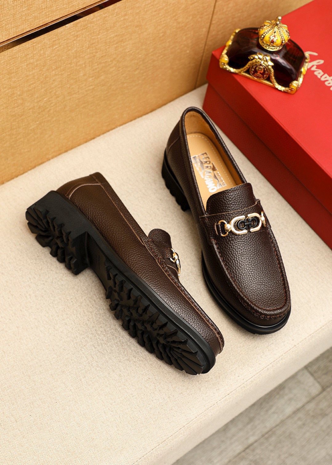 Ferragamo Pebbled Leather Lug Sole Loafers — front