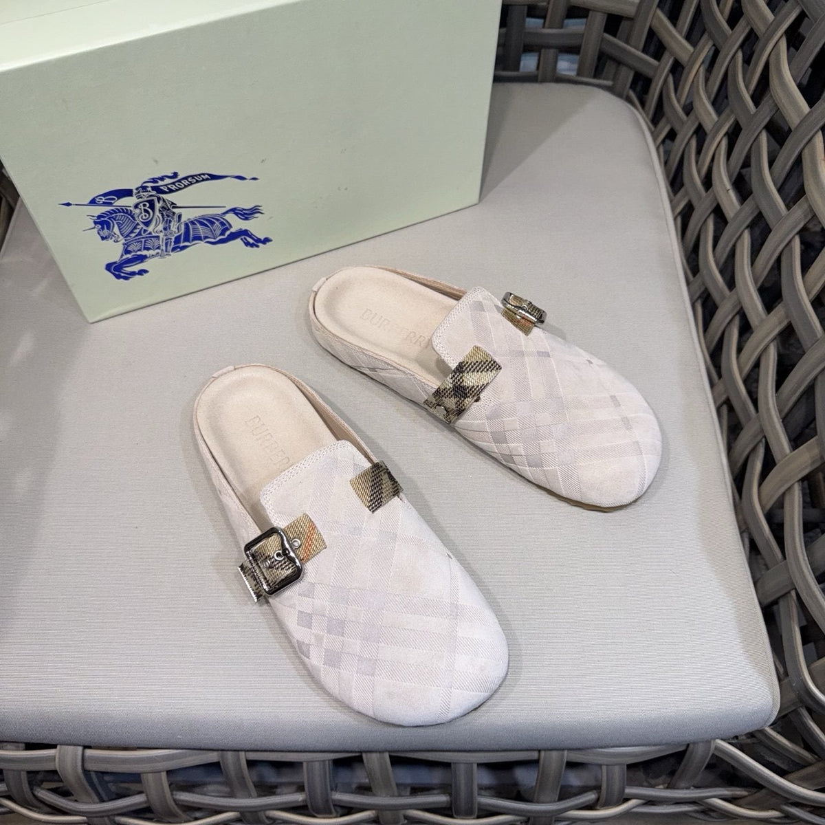 Burberry Patterned Buckle Mule Shoes — hero