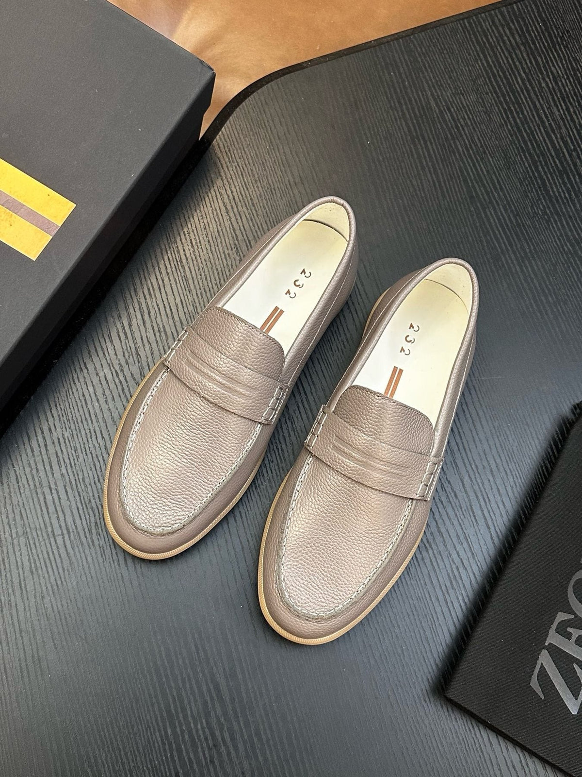 Zegna Textured Leather Strap Loafers — front