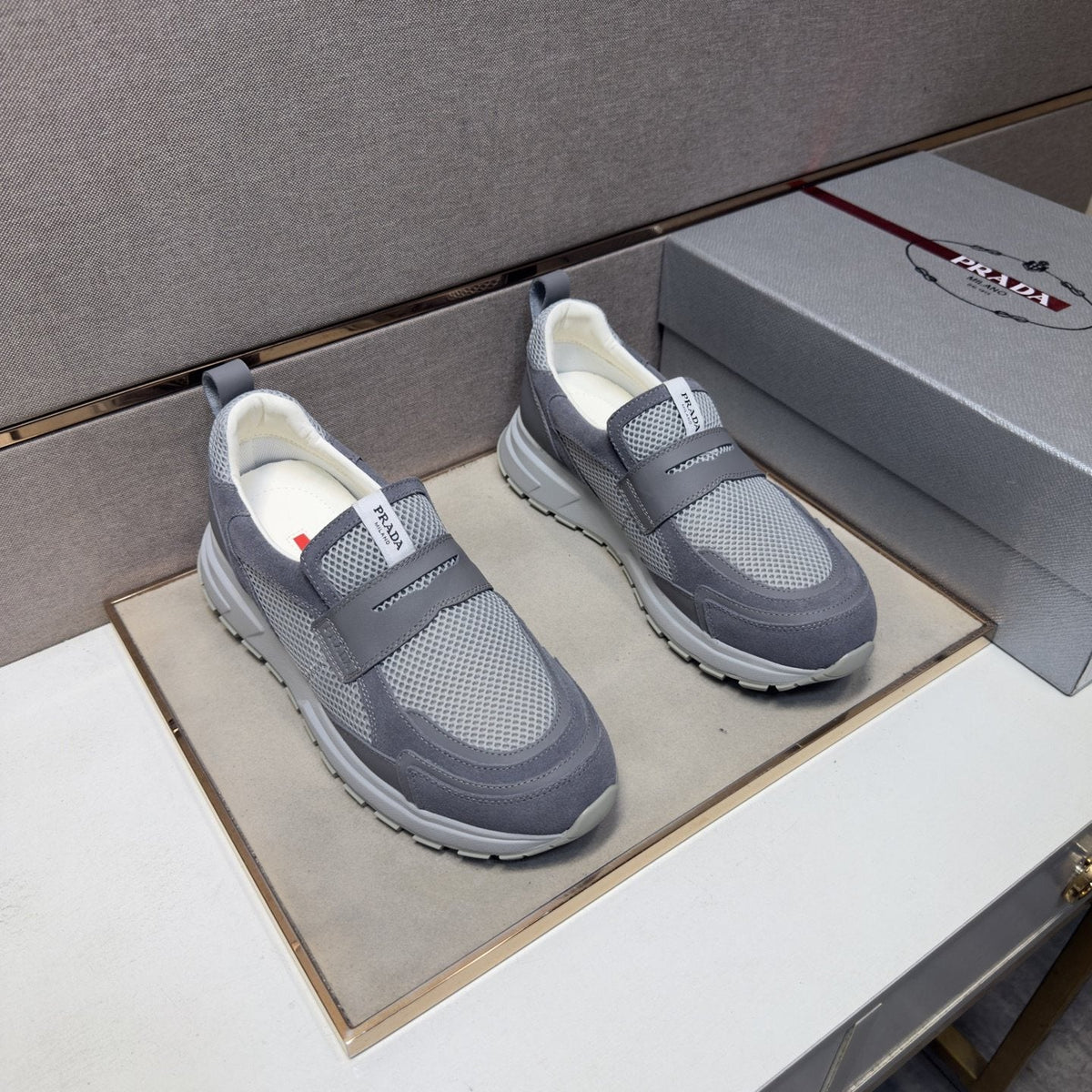 Prada Dark Navy Mesh Slip-On Sneakers — front