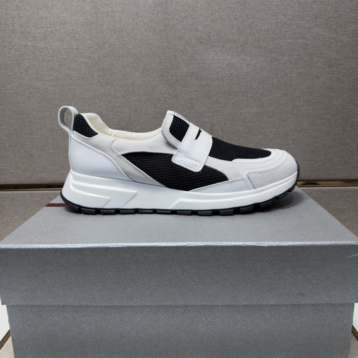 Prada Dark Navy Mesh Slip-On Sneakers — front