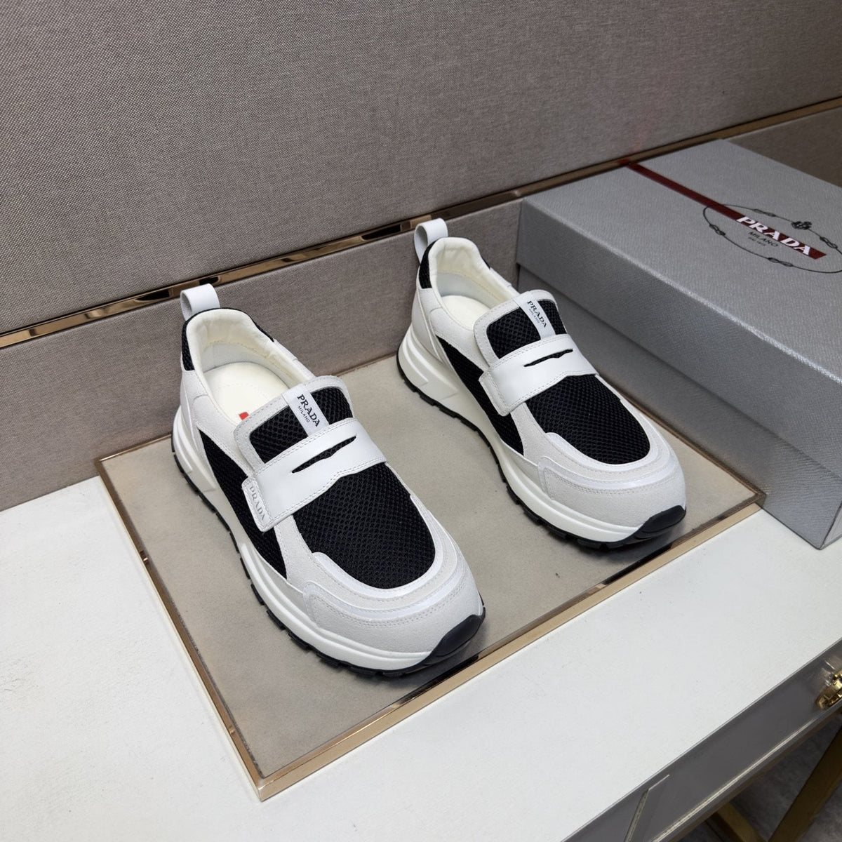 Prada Dark Navy Mesh Slip-On Sneakers — front