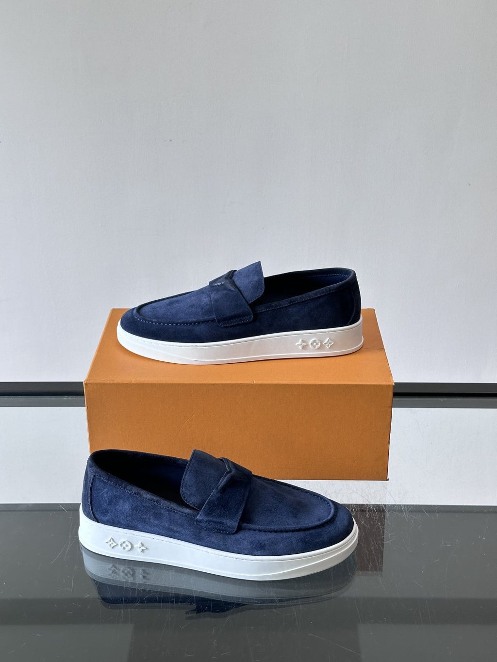 Louis Vuitton Navy Blue Suede Loafers — side