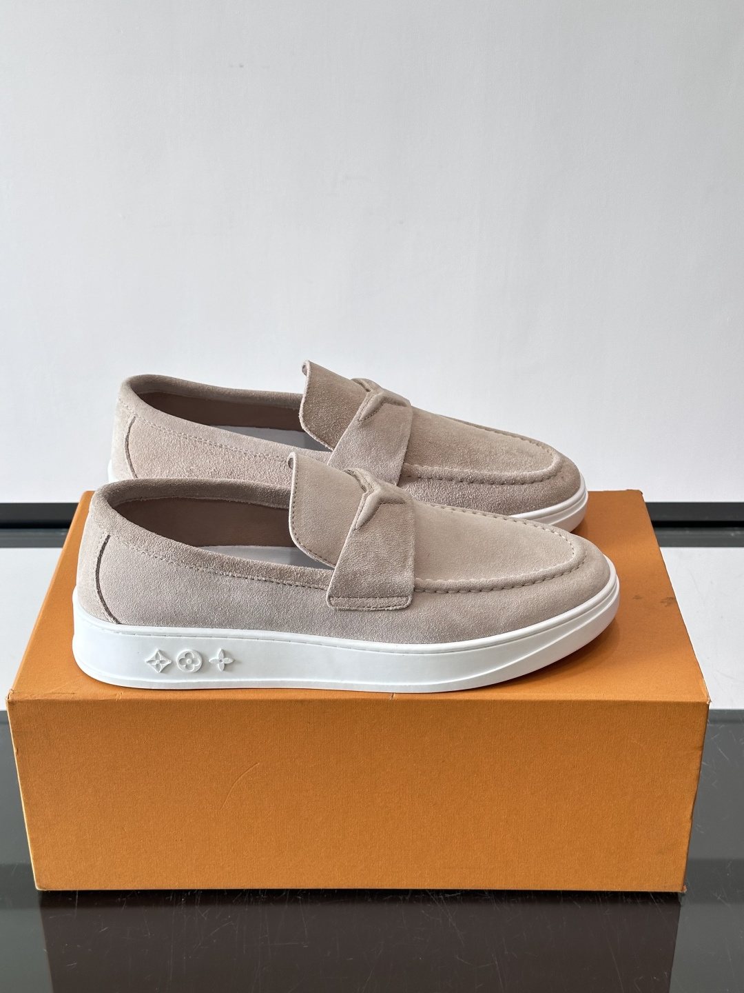 Louis Vuitton Navy Blue Suede Loafers — front