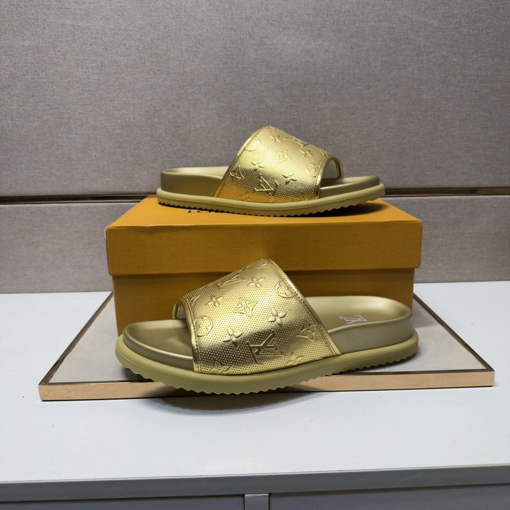 Louis Vuitton Embossed Metallic Slide Sandals — side